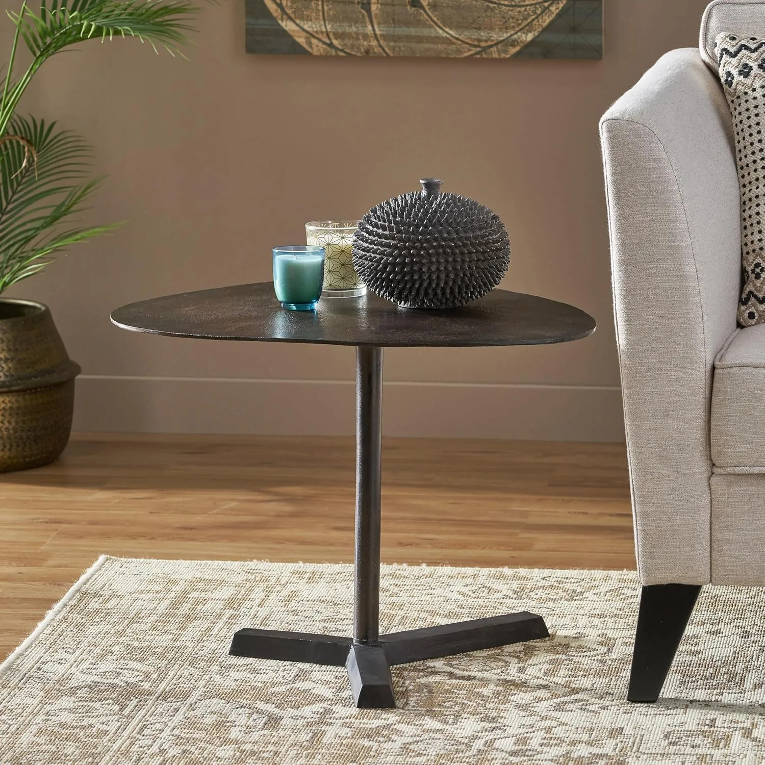Stylish and Elliptical Side Table with Aluminum Frame, Modern Industrial Design, Raw Bronze Finish