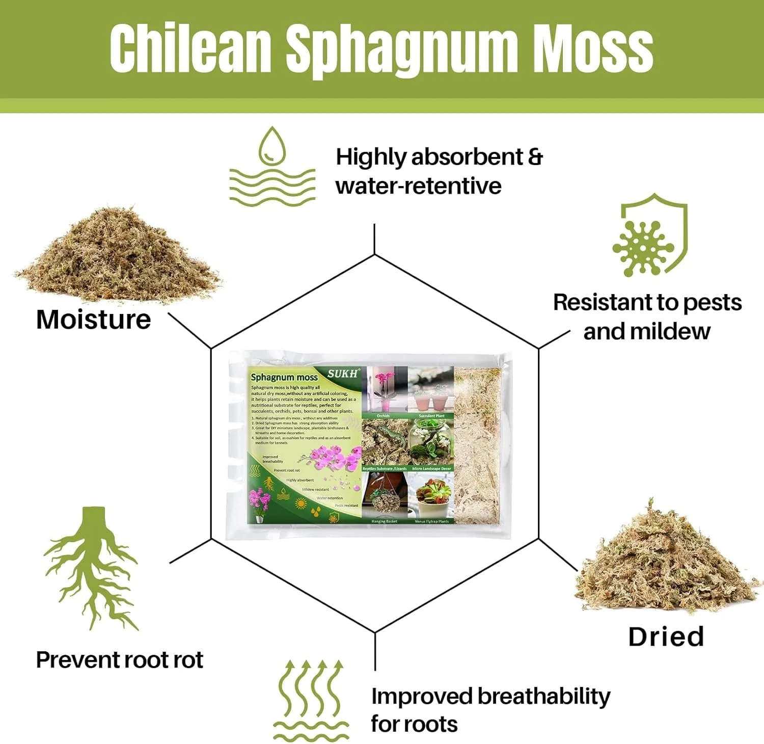 Sukh 10oz Sphagnum Moss for Plants - Sphagnum Peat Moss Natural Long Fibered Dried Moss Potting for Orchids Succulent Carnivorous Potted Plant Reptiles Medium Sarracenia DIY Moss Terrarium Decorations