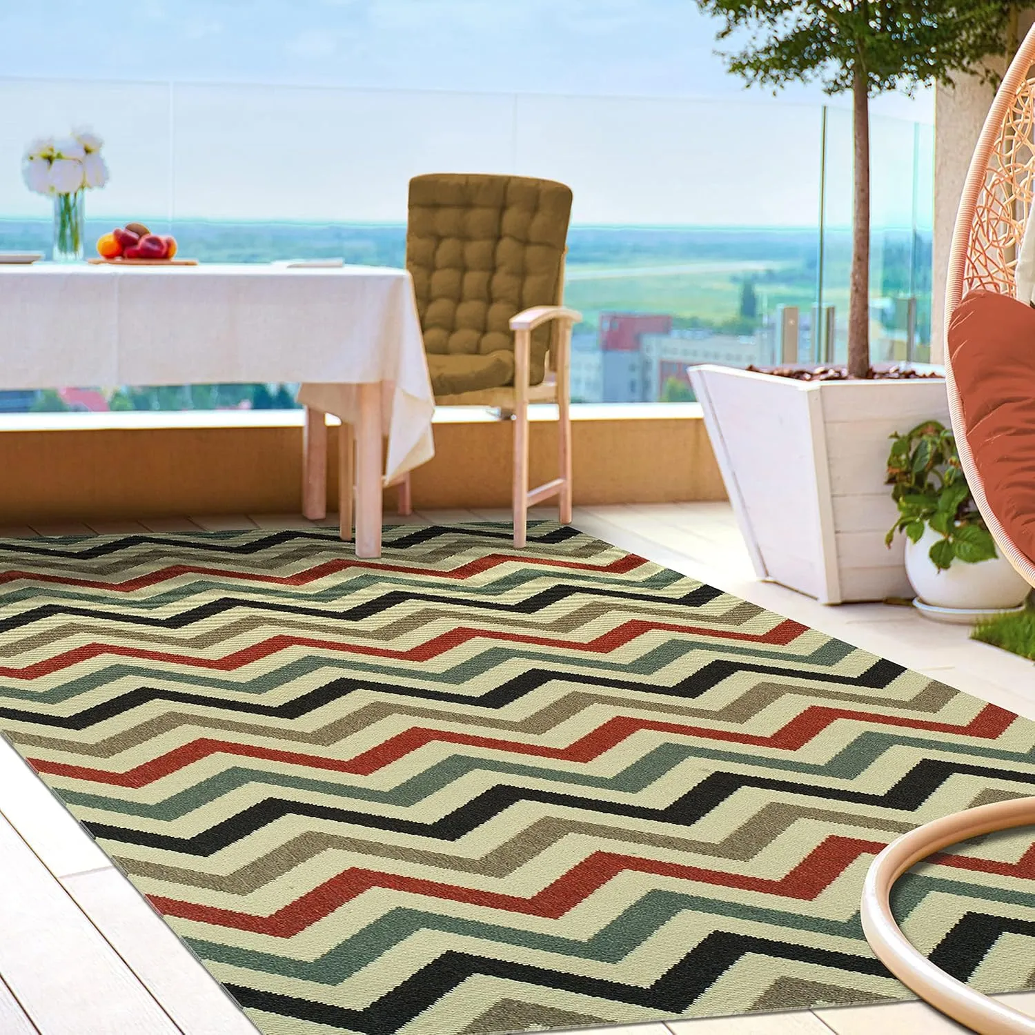 Superior Chevron Indoor Outdoor Area Rug, Modern Aesthetic, Floor Cover for Patio, Poolside, Playroom, Kitchen, Bedroom, Dining Room, Entry, Mudroom, Coastal Zig-Zag Rugs, 4' x 6', Brown Multi