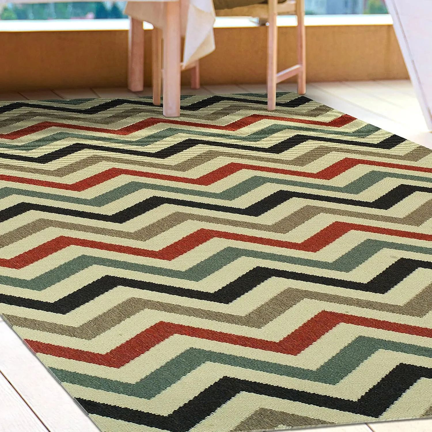 Superior Chevron Indoor Outdoor Area Rug, Modern Aesthetic, Floor Cover for Patio, Poolside, Playroom, Kitchen, Bedroom, Dining Room, Entry, Mudroom, Coastal Zig-Zag Rugs, 4' x 6', Brown Multi