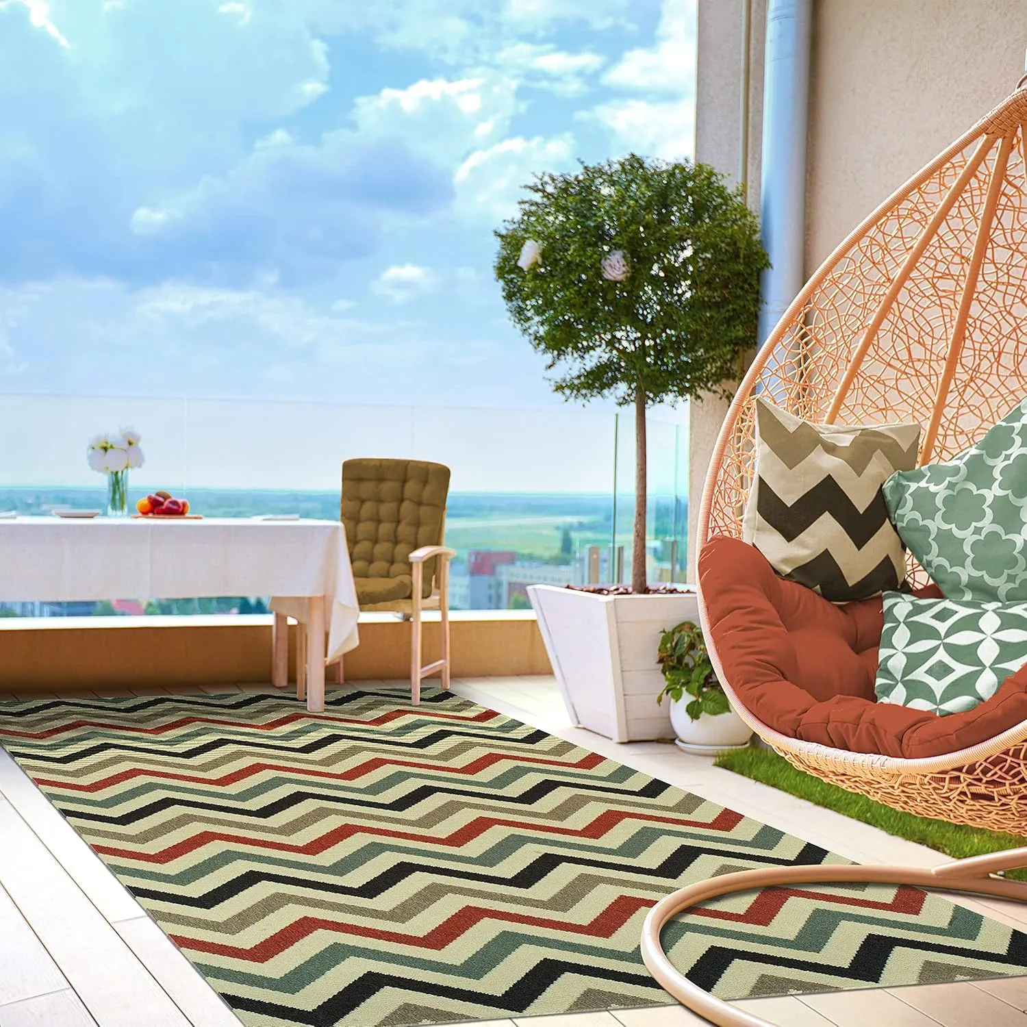 Superior Chevron Indoor Outdoor Area Rug, Modern Aesthetic, Floor Cover for Patio, Poolside, Playroom, Kitchen, Bedroom, Dining Room, Entry, Mudroom, Coastal Zig-Zag Rugs, 4' x 6', Brown Multi