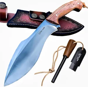 (Survivor III) 35.5CM (14.2 ") DC53 steel 10mm thickened full Tang fixed knife  leather sheath &(5.9IN) Cerium Igniter, suitable for outdoor hunting, cutting, chopping, camping, obstacle removal, exploration, fishing, EDC, BBQ