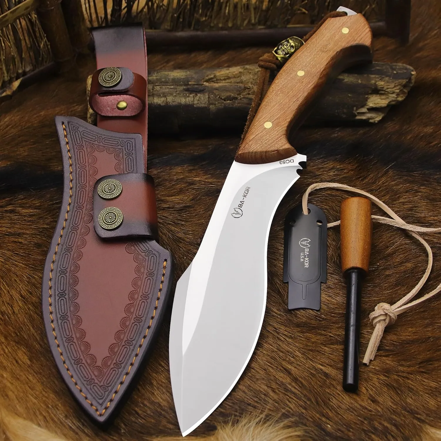 (Survivor III) 35.5CM (14.2 ") DC53 steel 10mm thickened full Tang fixed knife  leather sheath &(5.9IN) Cerium Igniter, suitable for outdoor hunting, cutting, chopping, camping, obstacle removal, exploration, fishing, EDC, BBQ