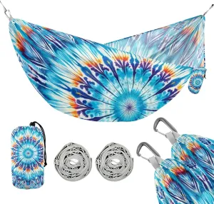 susiyo Portable Camping Hammock Tie-dye Blue Printed Lightweight Hammock Comfortable Travel Swing with Tree Straps for Camping Hiking Backpacking Travel or Beach - Up to 330lbs