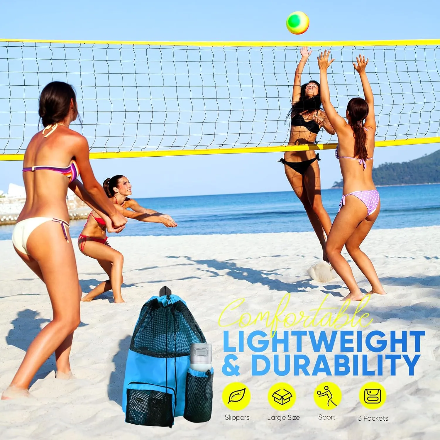 Swim Mesh Beach Bag, Waterproof Gym Bags for Women and Men, Large Pool Bag Swimming Gear Drawstring Backpack