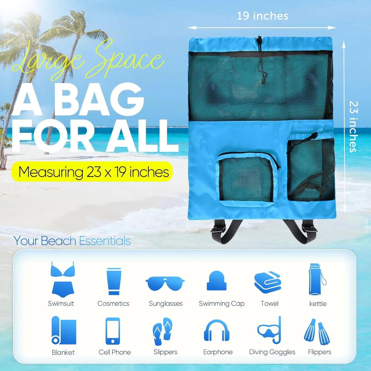 Swim Mesh Beach Bag, Waterproof Gym Bags for Women and Men, Large Pool Bag Swimming Gear Drawstring Backpack