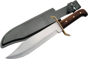 SZCO Supplies 15-Inch Bowie Knife with Carbon Steel Clip-Point Blade, Wooden Handle, and Leather Sheath – Hunting, Camping, Survival, and Outdoor Knife