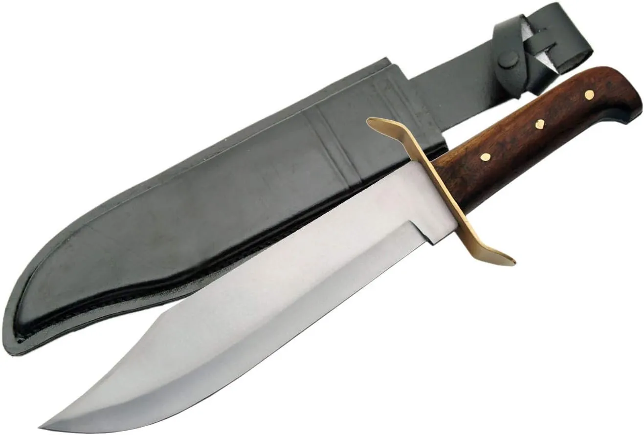 SZCO Supplies 15-Inch Bowie Knife with Carbon Steel Clip-Point Blade, Wooden Handle, and Leather Sheath – Hunting, Camping, Survival, and Outdoor Knife