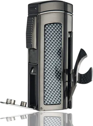 Table Cigar Lighter Large Size Windproof Lighters Metal Torch Butane Lighter 4 Jet Red Flame Refillable Lighters with Two Tools Cigar Punch and Cigar Scissors (Gunmetal)