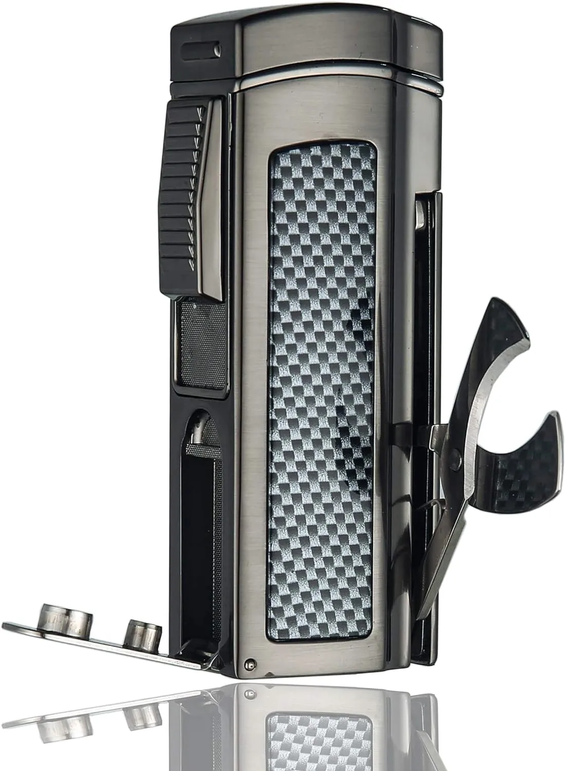 Table Cigar Lighter Large Size Windproof Lighters Metal Torch Butane Lighter 4 Jet Red Flame Refillable Lighters with Two Tools Cigar Punch and Cigar Scissors (Gunmetal)