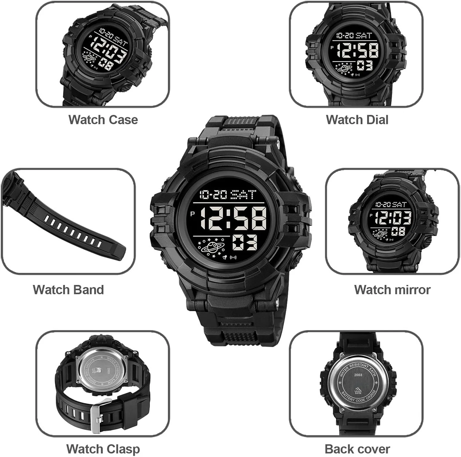 Tactical Men’s Digital Watch 50M Waterproof, Multifunction Sport Watch with Large Display, EL Light, Dual Time, Chronograph, Alarm, Countdown Timer, 12/24 Hour Format