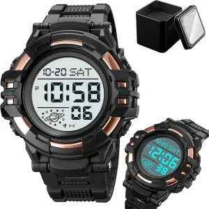 Tactical Men’s Digital Watch 50M Waterproof, Multifunction Sport Watch with Large Display, EL Light, Dual Time, Chronograph, Alarm, Countdown Timer, 12/24 Hour Format