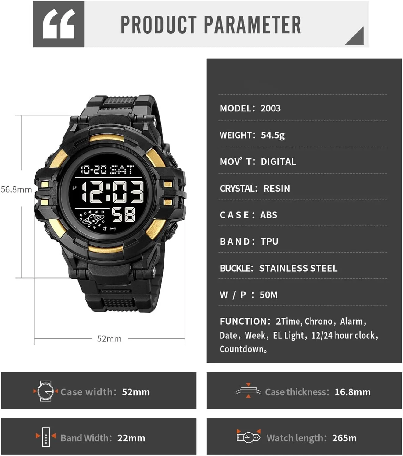 Tactical Men’s Digital Watch 50M Waterproof, Multifunction Sport Watch with Large Display, EL Light, Dual Time, Chronograph, Alarm, Countdown Timer, 12/24 Hour Format
