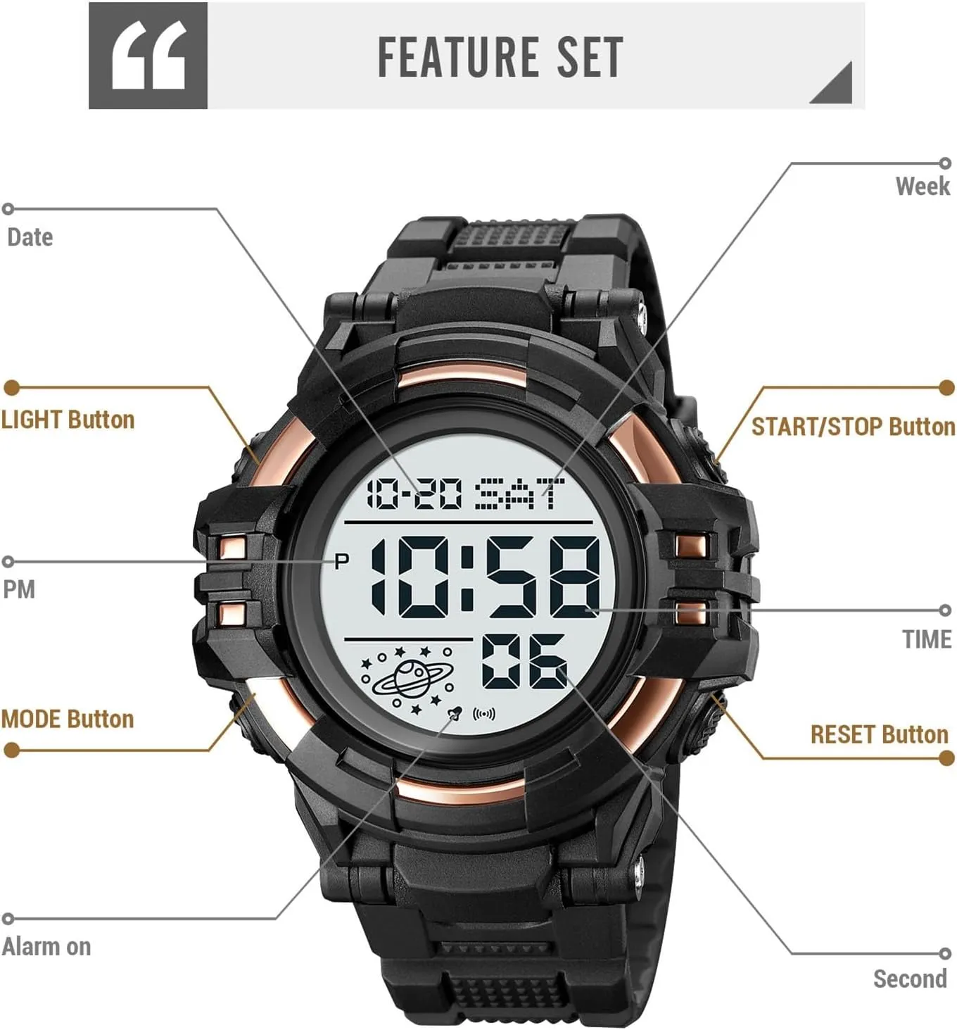 Tactical Men’s Digital Watch 50M Waterproof, Multifunction Sport Watch with Large Display, EL Light, Dual Time, Chronograph, Alarm, Countdown Timer, 12/24 Hour Format