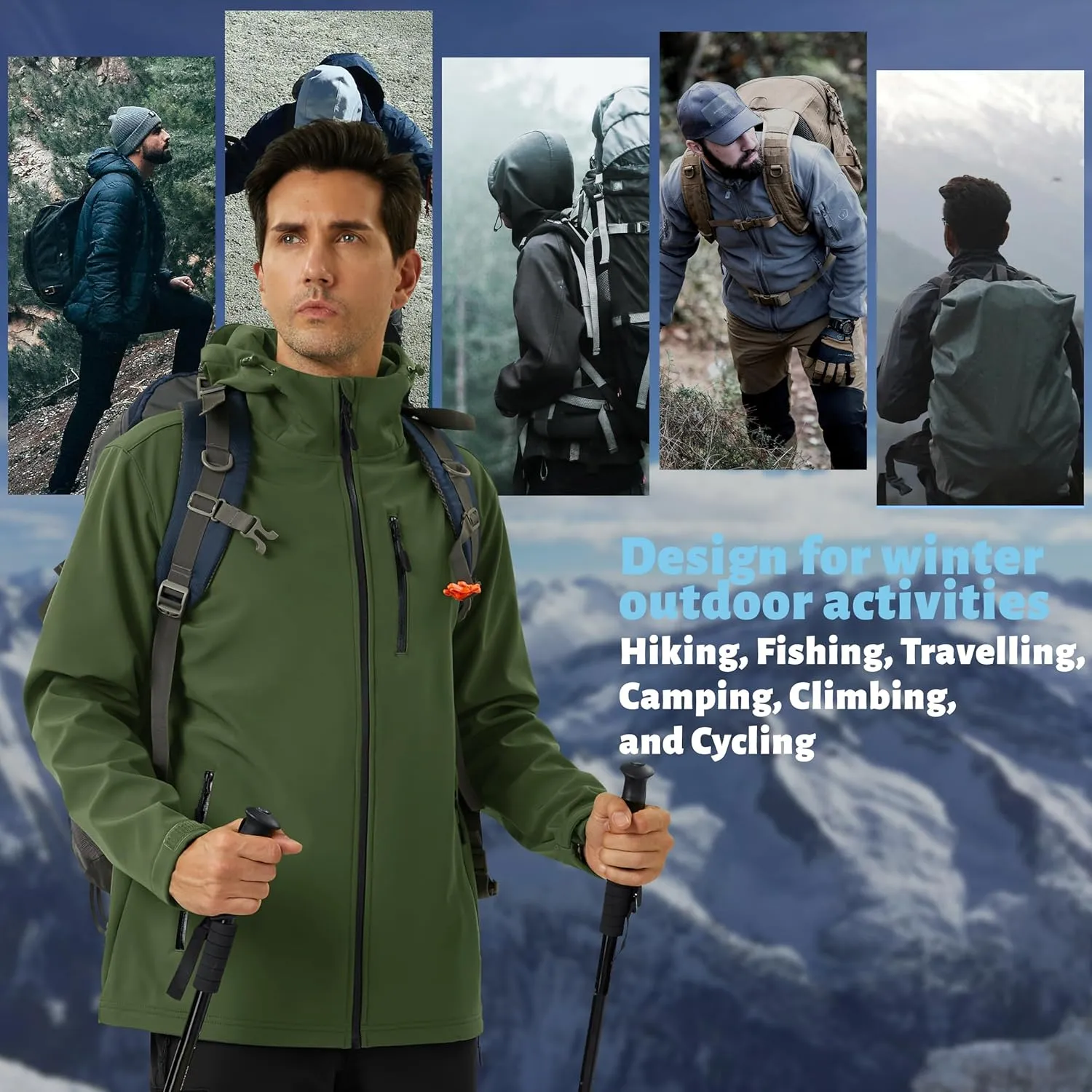 TACVASEN Men's Hooded Softshell Jacket Lightweight Waterproof Fleece Lined Windbreaker Rain Jacket Winter Outdoor Hiking
