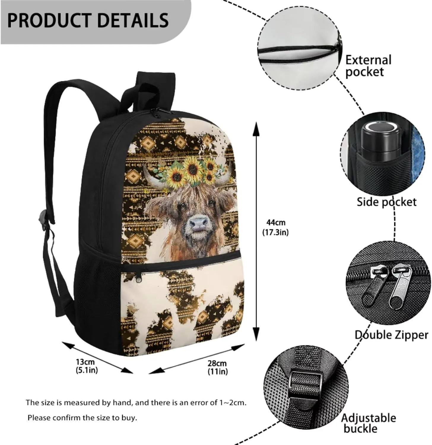 Talayituse Aztec Highland Cattle Sunflower Print 3PCS School Backpack for Boys Teens, Kids Backpack for Elementary Middle High School Students, 17 Inch Schoolbags with Lunch Box and Pencil Case
