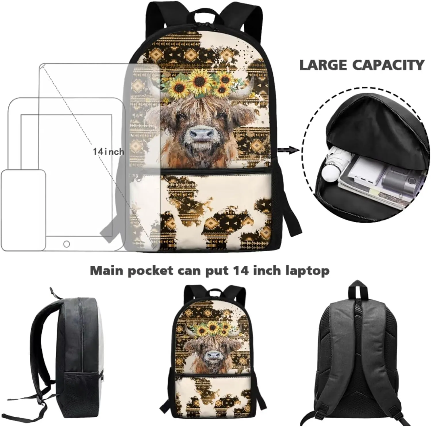 Talayituse Aztec Highland Cattle Sunflower Print 3PCS School Backpack for Boys Teens, Kids Backpack for Elementary Middle High School Students, 17 Inch Schoolbags with Lunch Box and Pencil Case