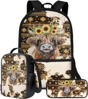 Talayituse Aztec Highland Cattle Sunflower Print 3PCS School Backpack for Boys Teens, Kids Backpack for Elementary Middle High School Students, 17 Inch Schoolbags with Lunch Box and Pencil Case