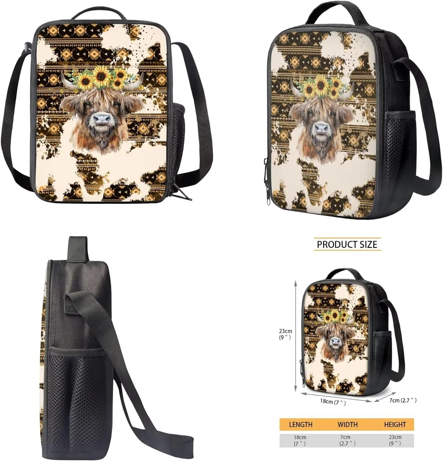 Talayituse Aztec Highland Cattle Sunflower Print 3PCS School Backpack for Boys Teens, Kids Backpack for Elementary Middle High School Students, 17 Inch Schoolbags with Lunch Box and Pencil Case