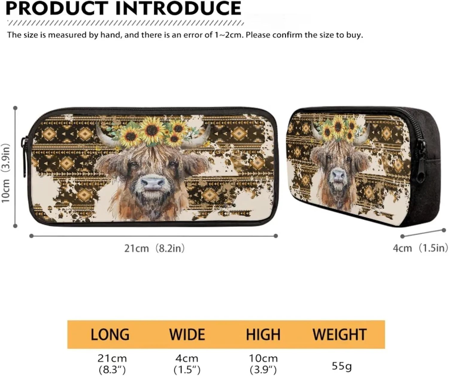 Talayituse Aztec Highland Cattle Sunflower Print 3PCS School Backpack for Boys Teens, Kids Backpack for Elementary Middle High School Students, 17 Inch Schoolbags with Lunch Box and Pencil Case