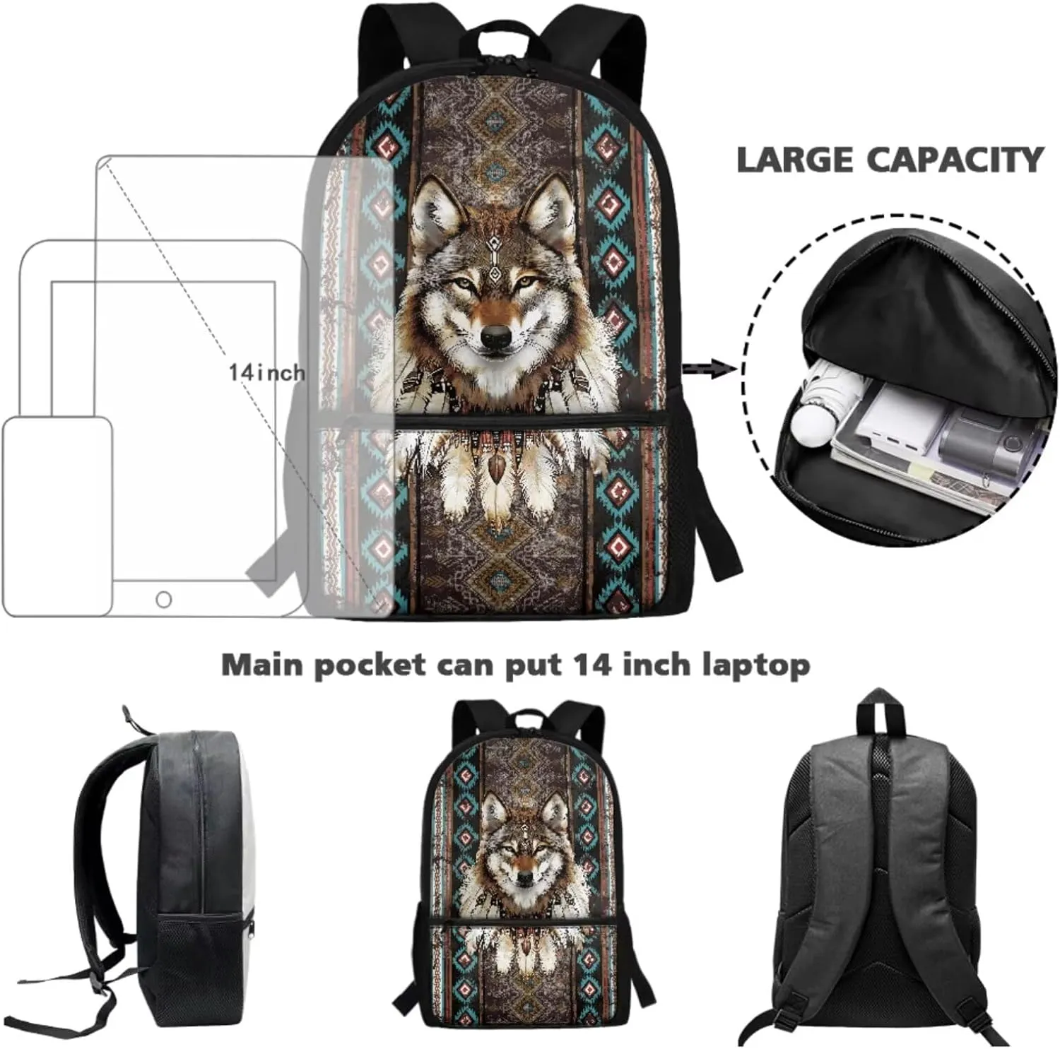 Talayituse Aztec Wolf Feather Print 3PCS Backpack for Boys, American Tribal Geometric Kids Backpack for Elementary Middle School Students, Large Capacity Schoolbags with Lunch Box and Pencil Case