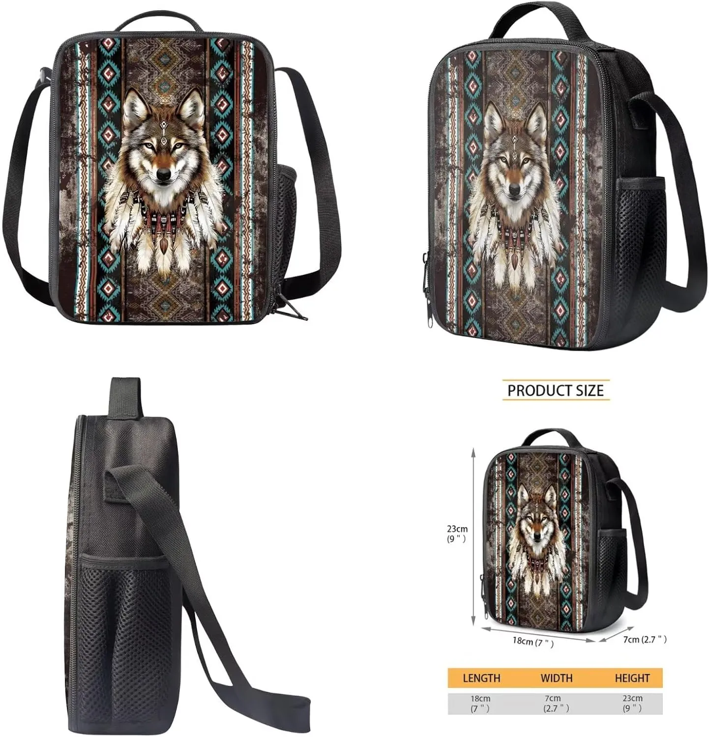 Talayituse Aztec Wolf Feather Print 3PCS Backpack for Boys, American Tribal Geometric Kids Backpack for Elementary Middle School Students, Large Capacity Schoolbags with Lunch Box and Pencil Case