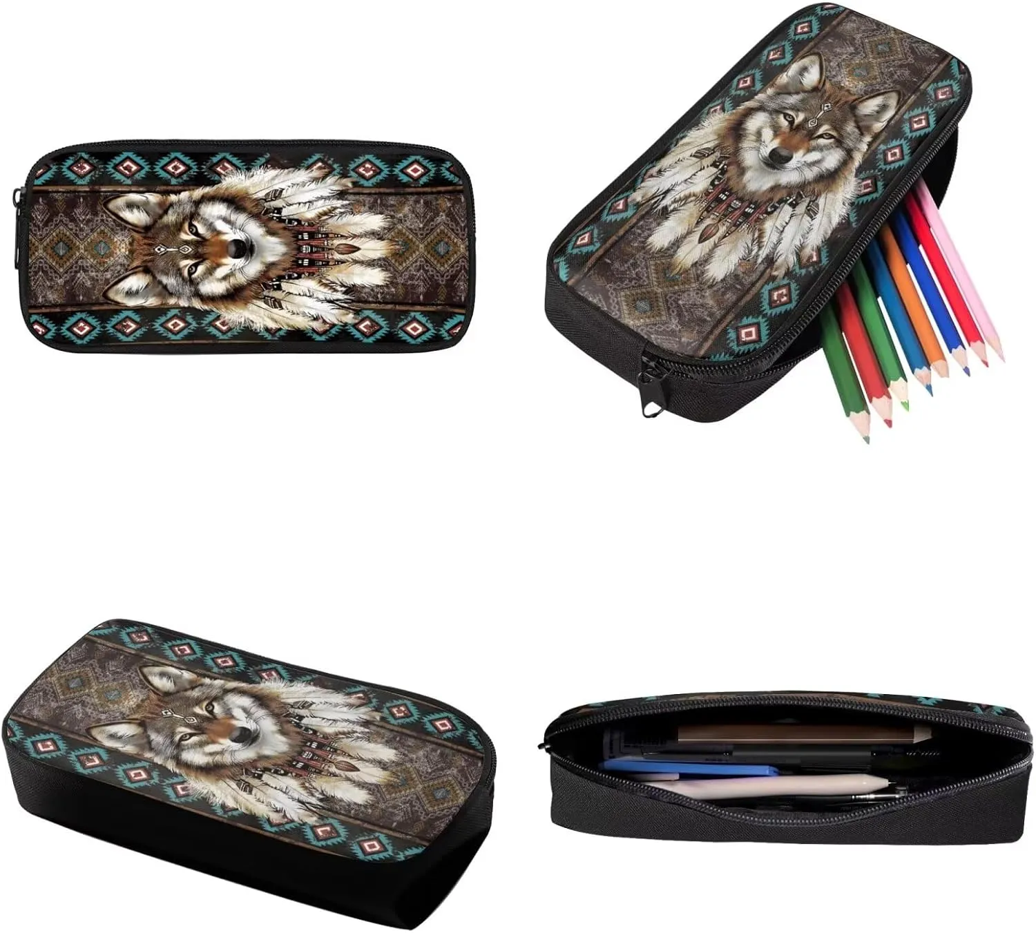 Talayituse Aztec Wolf Feather Print 3PCS Backpack for Boys, American Tribal Geometric Kids Backpack for Elementary Middle School Students, Large Capacity Schoolbags with Lunch Box and Pencil Case