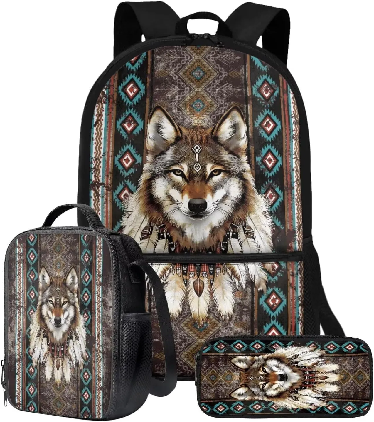 Talayituse Aztec Wolf Feather Print 3PCS Backpack for Boys, American Tribal Geometric Kids Backpack for Elementary Middle School Students, Large Capacity Schoolbags with Lunch Box and Pencil Case