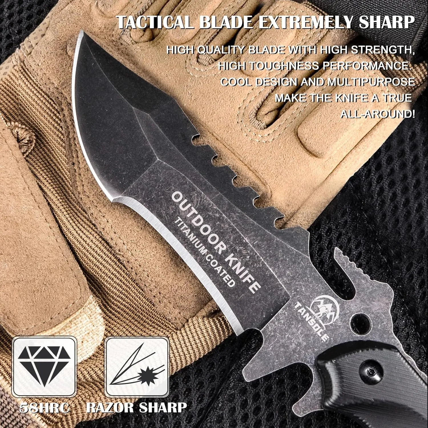 TANSOLE Tactical knives with Kydex sheath Fixed Blade Survival Knife Belt knofe for camping Full Tang knife 9.25 in 420HC stainless steel cuchillo de supervivencia (with fire-starter)