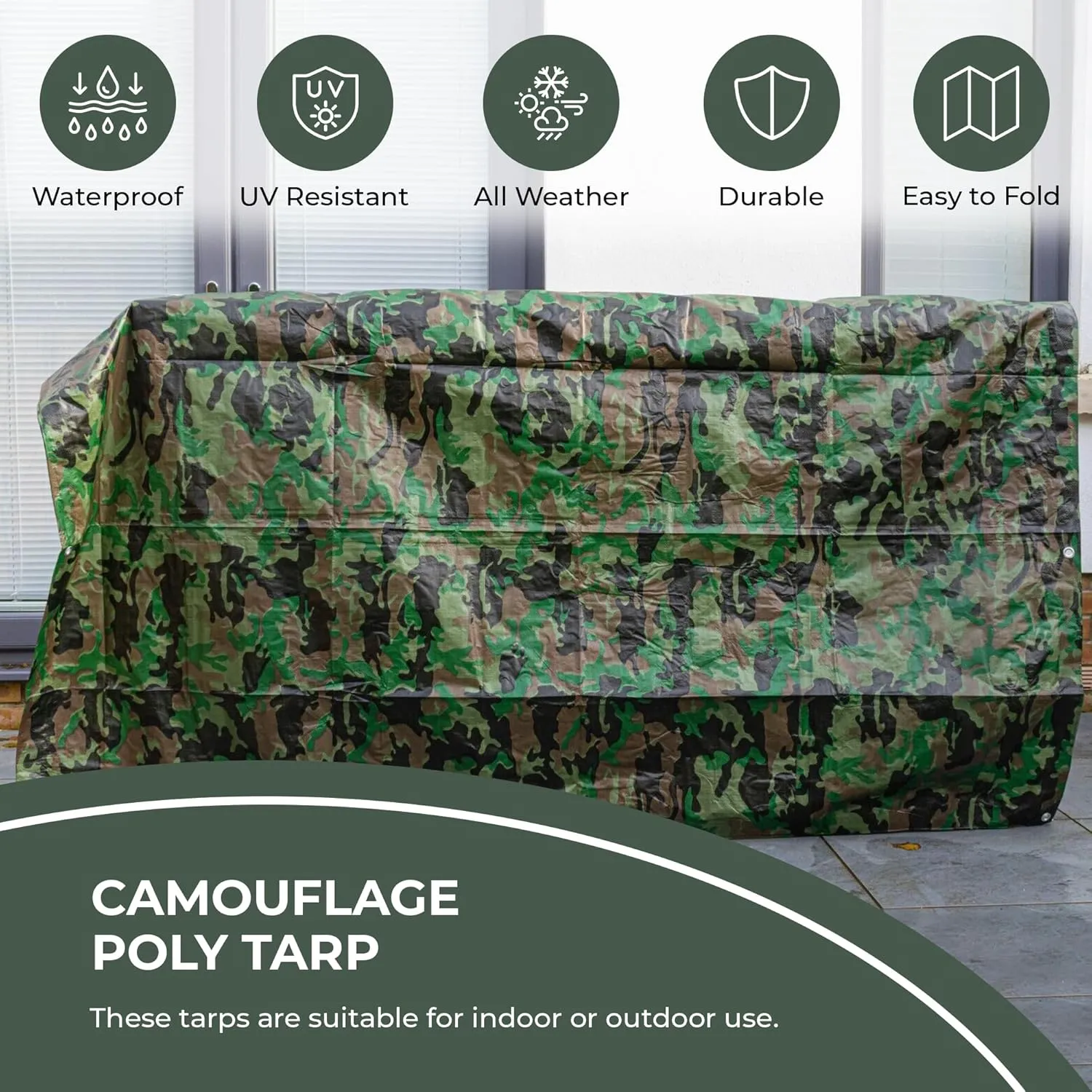 Tarps Now Camouflage Plastic Tarp (Poly Tarp) 12x24 ft - 8 MIL Heavy Duty Waterproof Cover | Tear-Resistant with Rustproof Grommets & Reinforced Edges | Ideal for Camping, Landscaping - Woodland Camo