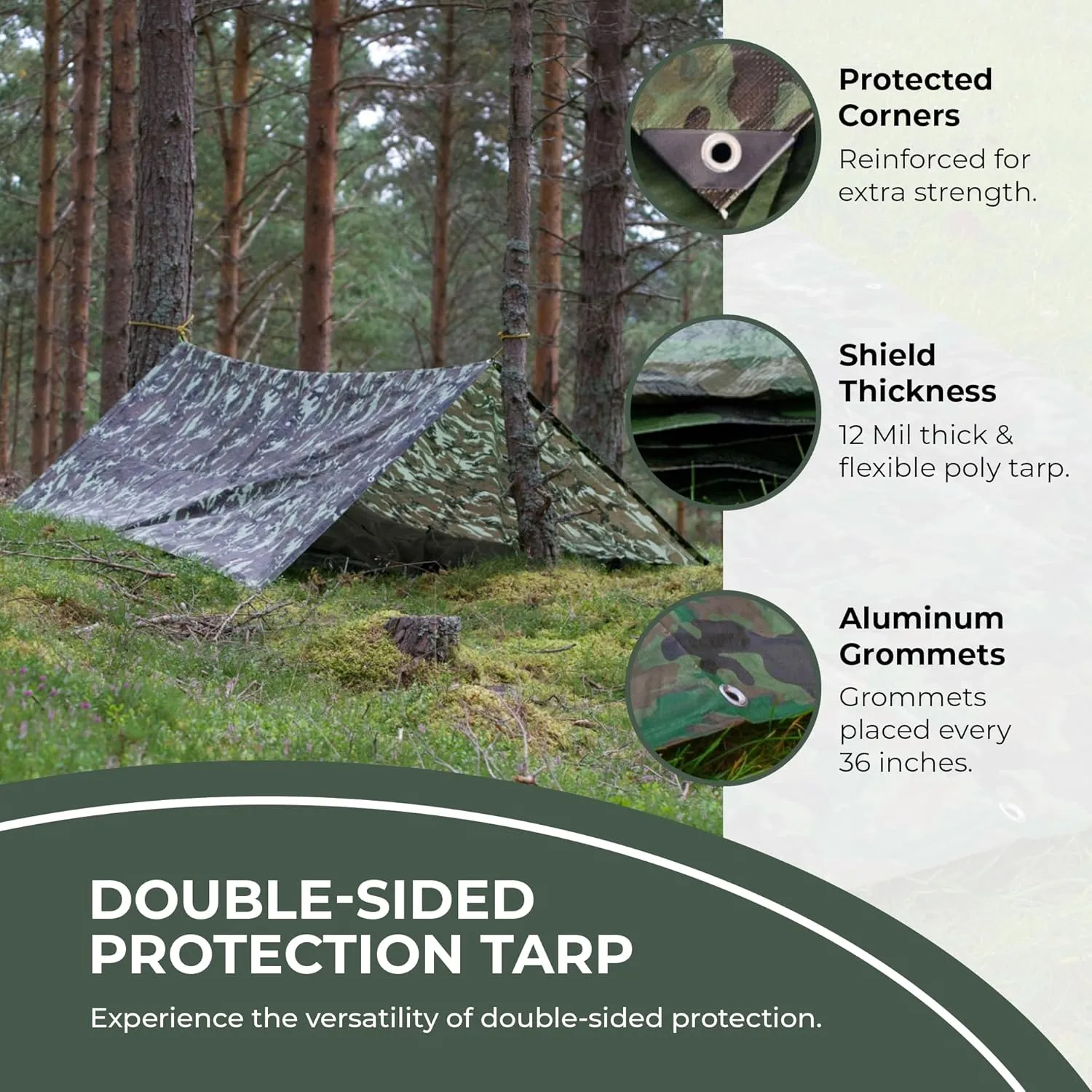 Tarps Now Camouflage Plastic Tarp (Poly Tarp) 12x24 ft - 8 MIL Heavy Duty Waterproof Cover | Tear-Resistant with Rustproof Grommets & Reinforced Edges | Ideal for Camping, Landscaping - Woodland Camo