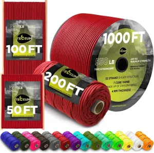 TECEUM Paracord Type III 550 Red (Fire) – 1000 ft – 4mm – Tactical Rope MIL-SPEC – Outdoor para Cord –Camping Hiking Fishing Gear and Equipment – EDC Parachute Cord – Strong Survival Rope 021