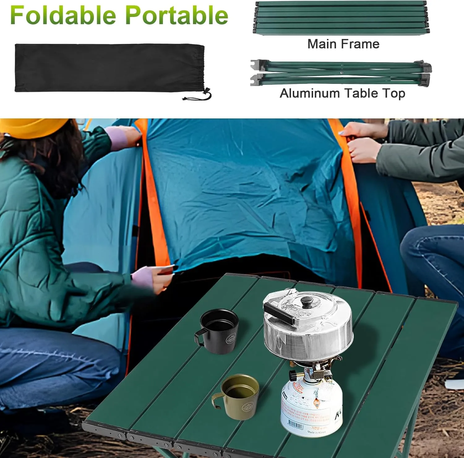 Tesouro Portable Camping Table,Folding Side Table Aluminum Top for Outdoor Cooking, Hiking, Travel, Picnic (Blackish Green, 1-Small)