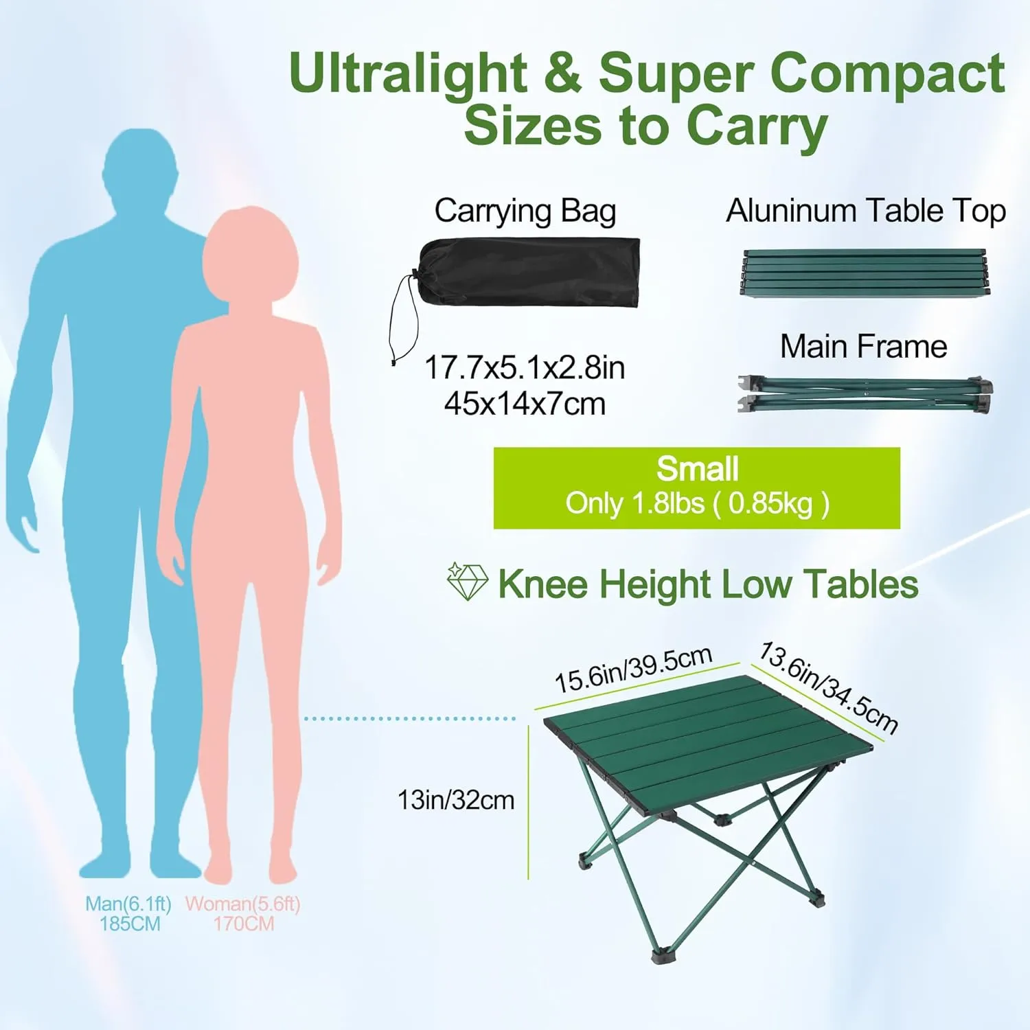 Tesouro Portable Camping Table,Folding Side Table Aluminum Top for Outdoor Cooking, Hiking, Travel, Picnic (Blackish Green, 1-Small)
