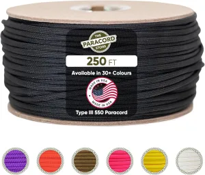 The Paracord Store | Type III 550 Paracord - 250 FT Spool, Blank | Heavy Duty 7 Strand Tactical Paracord - USA Made Nylon Outdoor Parachute Cord for Camping, Fishing & More - Survival Cord