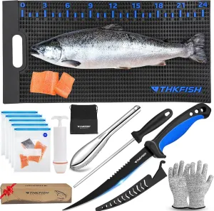 THKFISH Fish Cleaning Kit with Fillet Knife, 28"x14" Non-Slip Fish Fillet Mat, Sous Vide Bags, Fish Fillet Knife Set with Knife Sharpener, Fish Scaler Remover and Cut Resistant Gloves