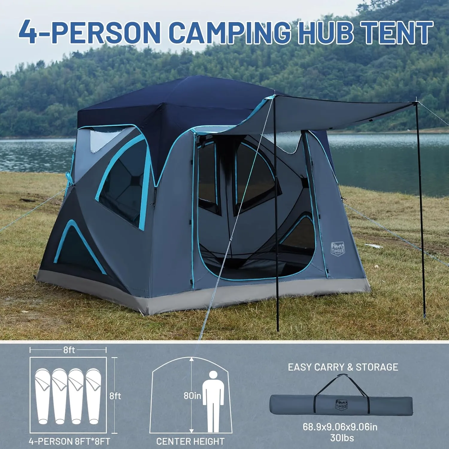TIMBER RIDGE 4 Person Instant Pop Up Hub Tent, Easy 60 Second Setup, Weather Resistant Camping Family Cabin Tent with Rain Fly and Carry Bag for Camping Hiking Outdoor Travel