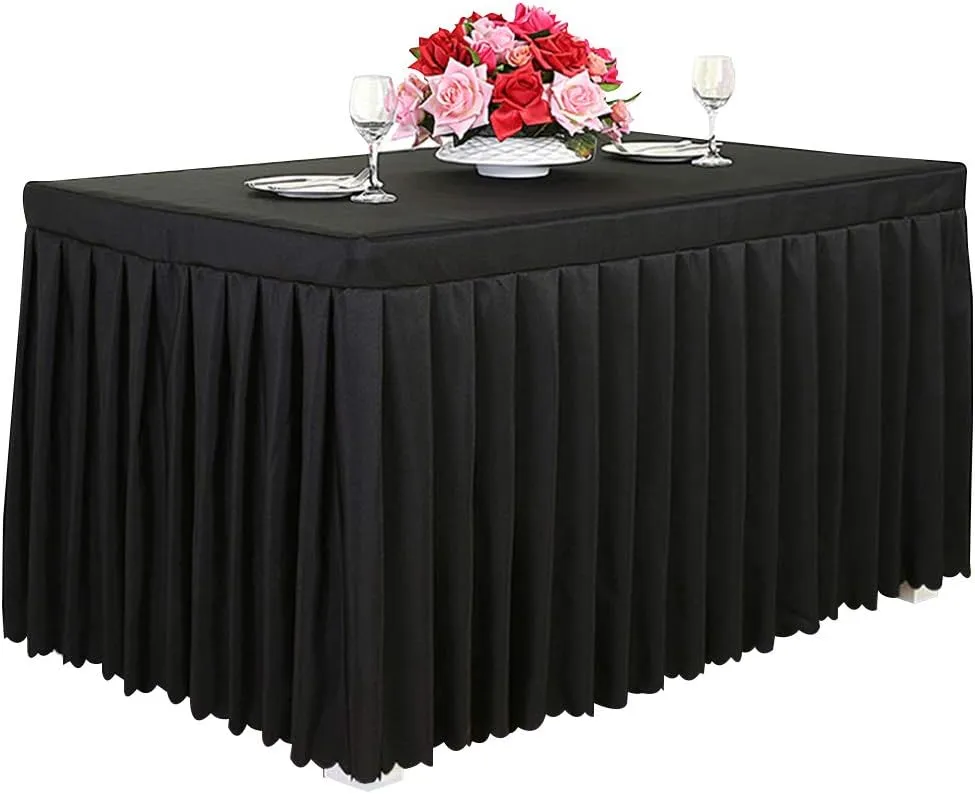 Tina 2 Pack 6ft Black Table Skirt Fitted Tablecloth, Fitted Table Covers for 6 Foot Tables, Table Clothes for 6 Foot Folding Tables, Polyester Table Skirts for Rectangle Tables 6ft for Banquets Events