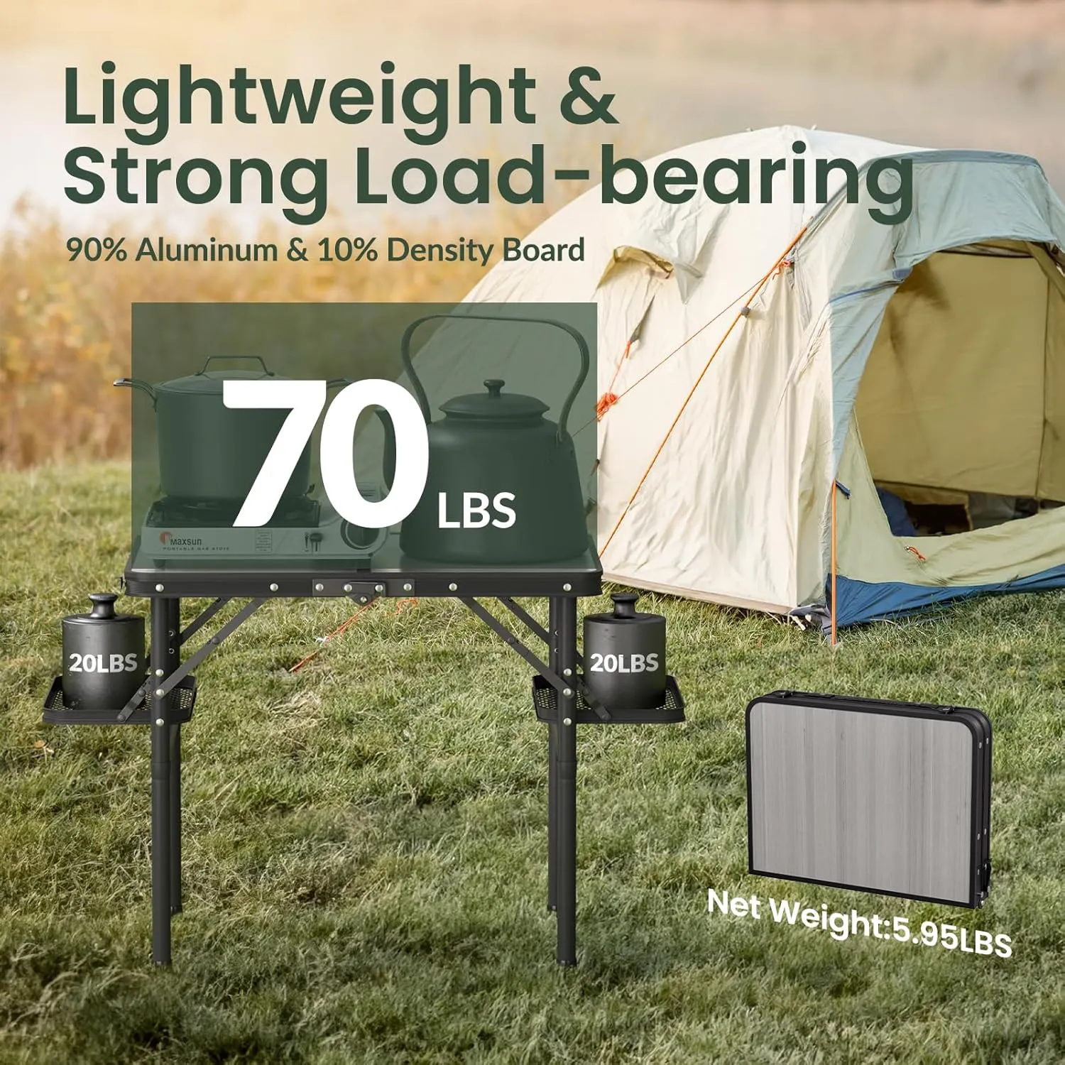Titanker Folding Camping Table 2ft, Small Folding Camp Table Portable with 50% Extra Space, Small Picnic Table, Portable Beach Desk, Car Camping Essentials, Aluminum Light & Solid
