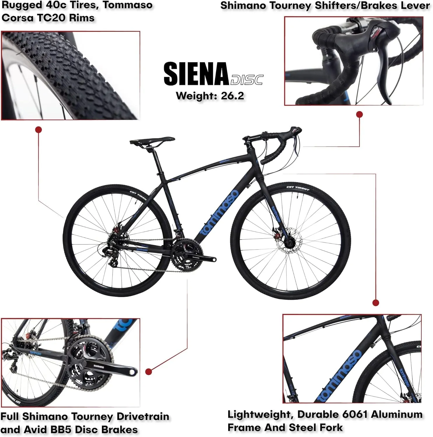 Tommaso Siena Sport Performance Aluminum Gravel Bike, Shimano Tourney 21 Speeds Road Bicycle Men