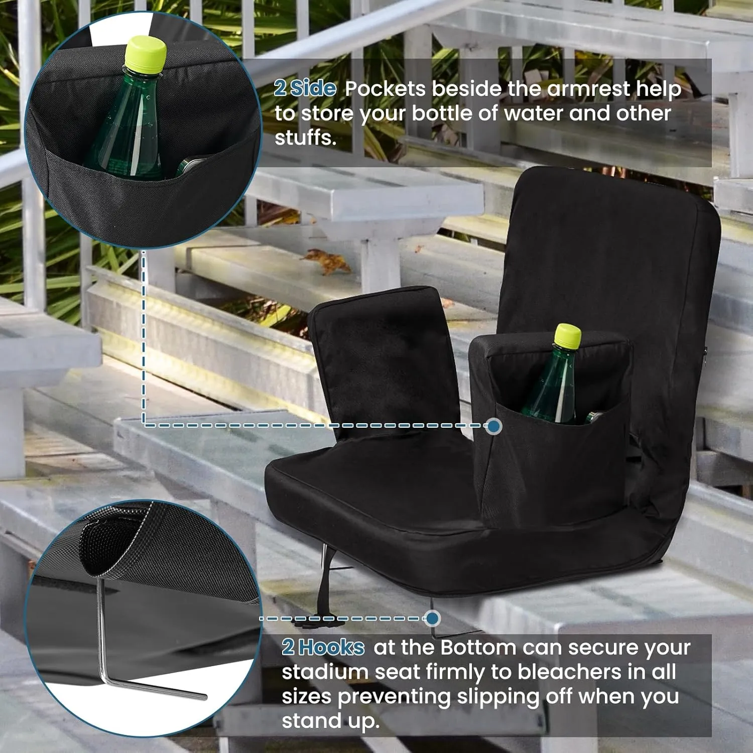TOPSKY Stadium Seat with Back Support, 21.2in Total Width (19.5in Seat Area), 3 Reclining Positions, 2 Hooks and Armrests(Blue)