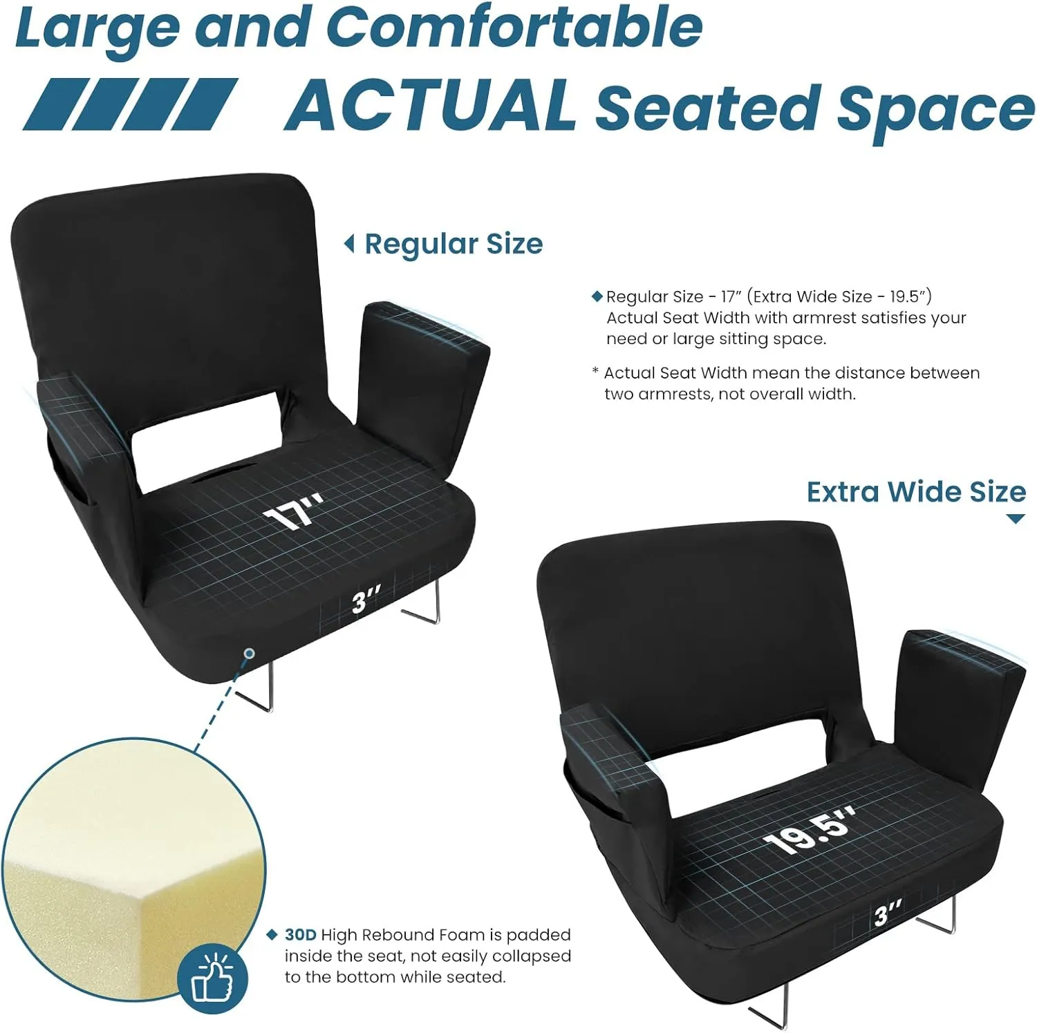 TOPSKY Stadium Seat with Back Support, 21.2in Total Width (19.5in Seat Area), 3 Reclining Positions, 2 Hooks and Armrests(Blue)
