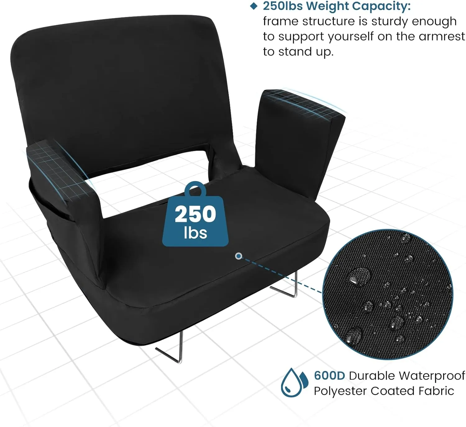 TOPSKY Stadium Seat with Back Support, 21.2in Total Width (19.5in Seat Area), 3 Reclining Positions, 2 Hooks and Armrests(Blue)