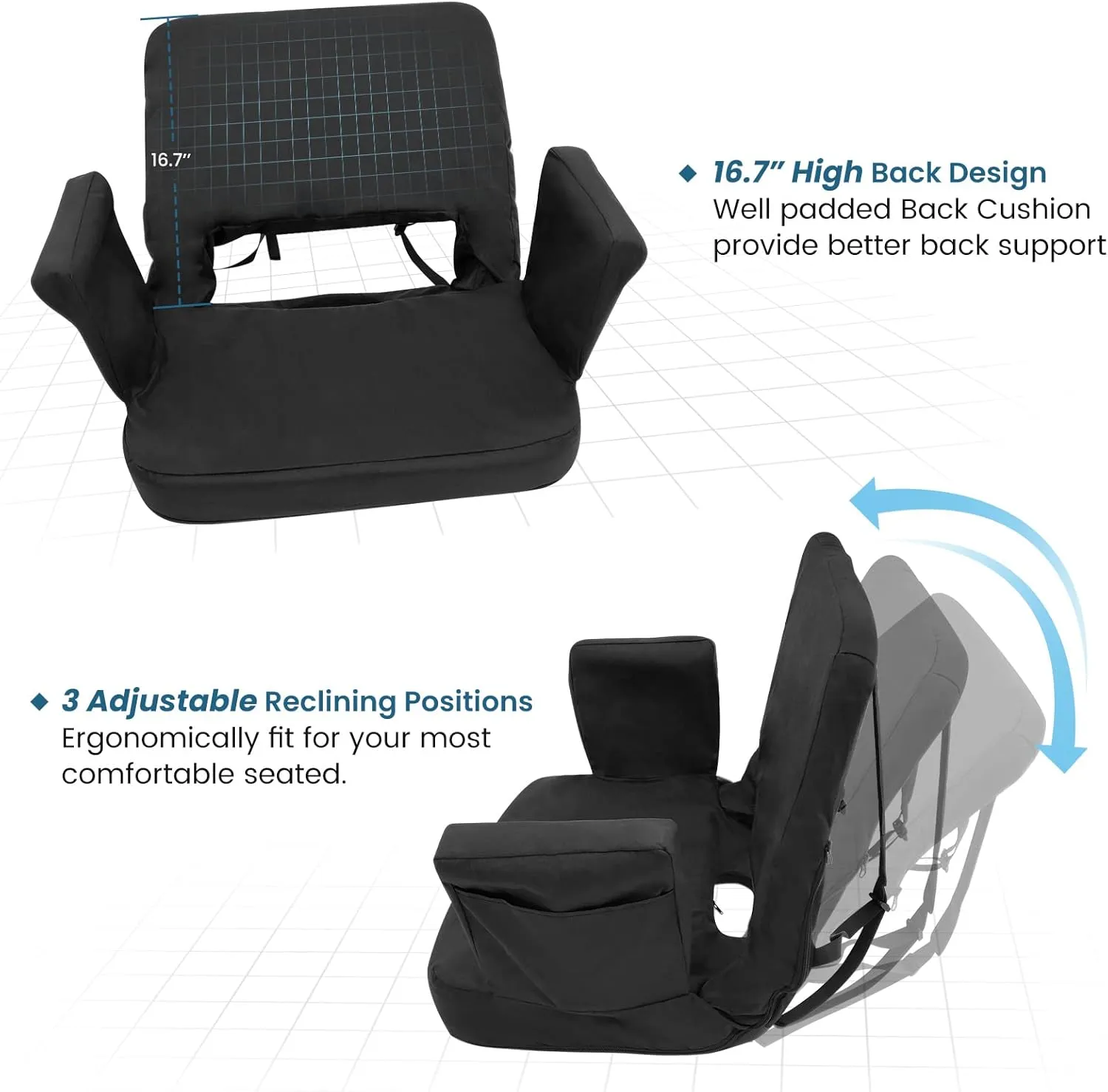 TOPSKY Stadium Seat with Back Support, 21.2in Total Width (19.5in Seat Area), 3 Reclining Positions, 2 Hooks and Armrests(Blue)