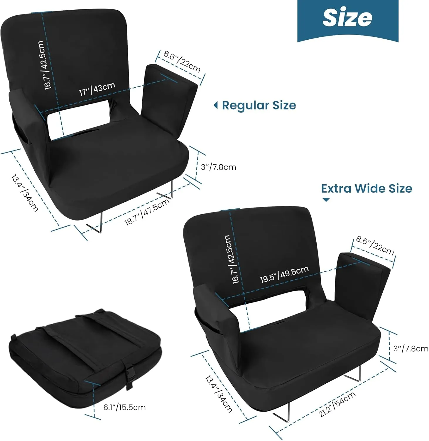 TOPSKY Stadium Seat with Back Support, 21.2in Total Width (19.5in Seat Area), 3 Reclining Positions, 2 Hooks and Armrests(Blue)