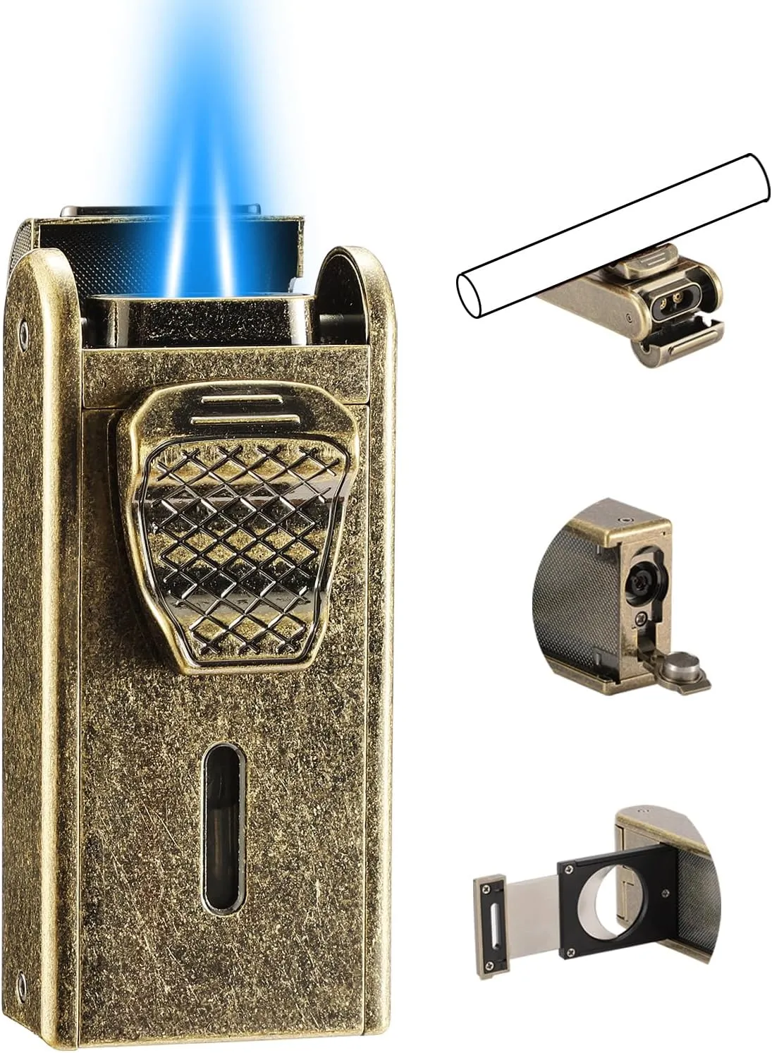 Torch Lighter, All in One Jet Flame Butane Lighter Built-in Cutter, Punch, Holder Function, Refillable and Adjustable Windproof Gas Lighter, Gifts for Men. Golden(Sold Without Gas)