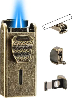 Torch Lighter, All in One Jet Flame Butane Lighter Built-in Cutter, Punch, Holder Function, Refillable and Adjustable Windproof Gas Lighter, Gifts for Men. Golden(Sold Without Gas)