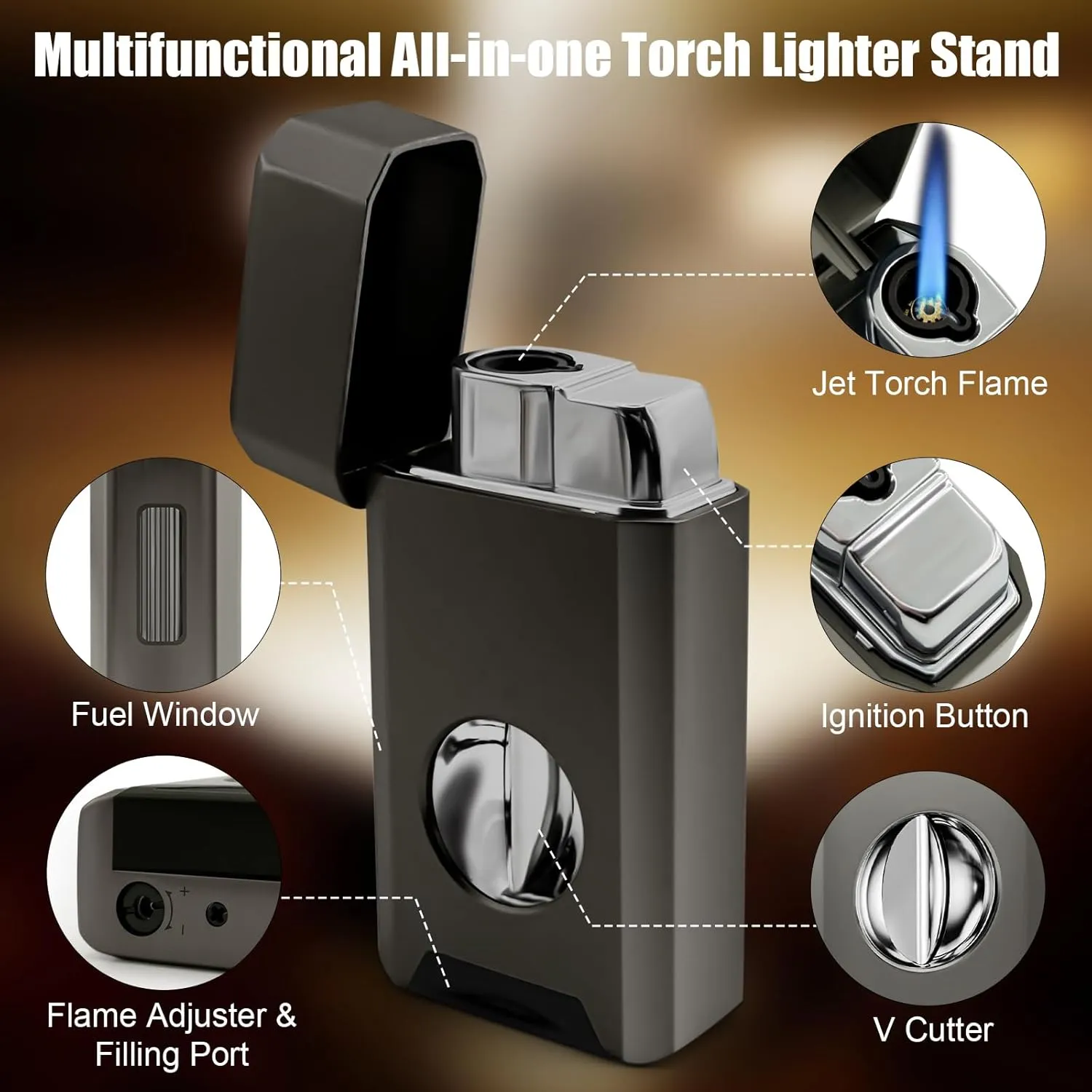 Torch Lighter, Built-in Cutter, Holder Function, All-in-One Jet Flame Butane Refillable Lighter, Gifts for Men, Adjustable Flame, Windproof Multifunctional Lighter(Without Gas)