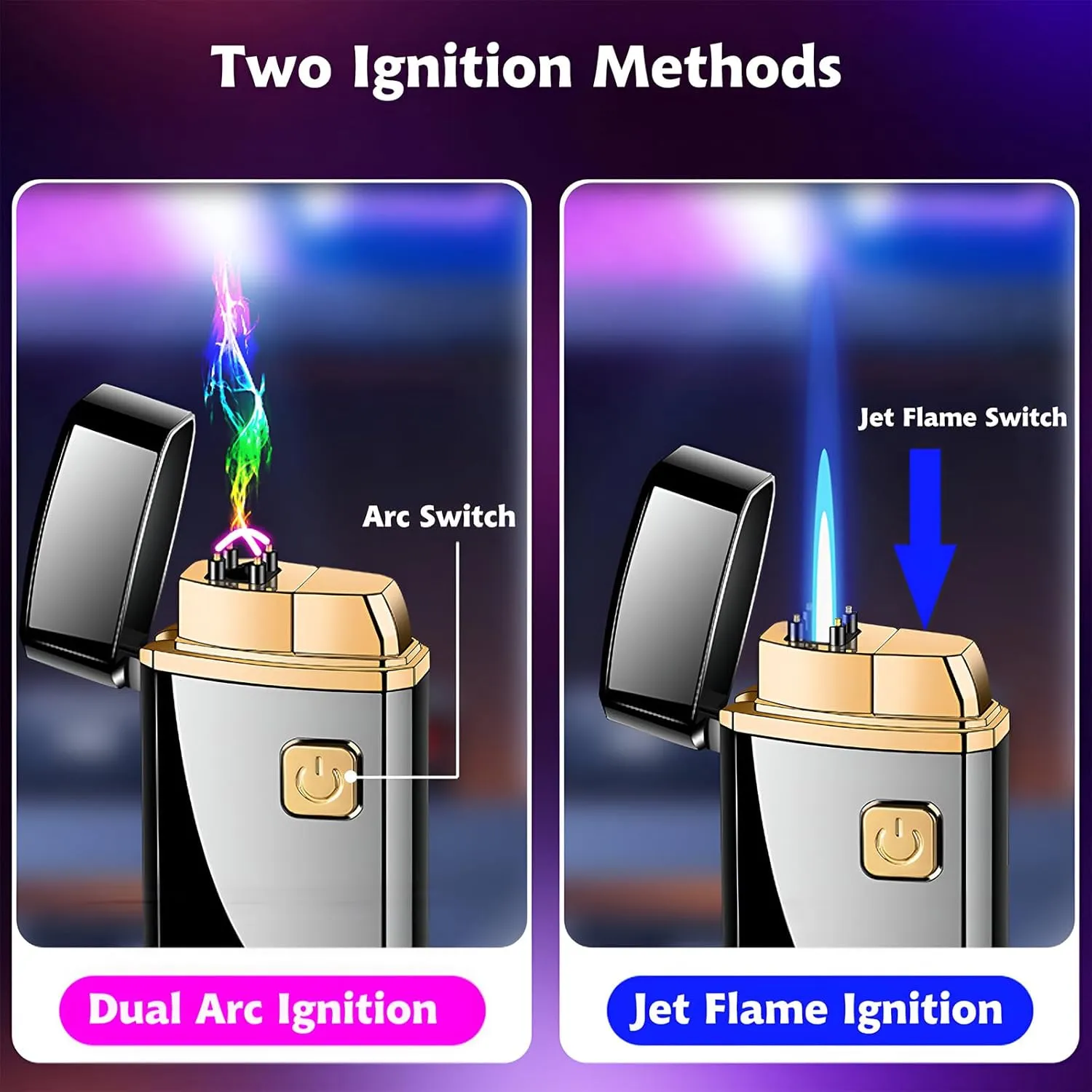 Torch Lighter, Jet Flame Butane Lighter and Dual Arc Lighter 2 in 1，USB Rechargeable Electric Lighter with Battery Indicator, Refillable Butane Windproof Lighter for Gifts (Without Butane)-Blue