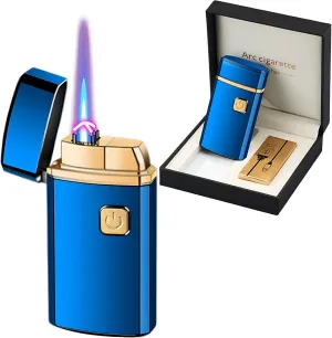 Torch Lighter, Jet Flame Butane Lighter and Dual Arc Lighter 2 in 1，USB Rechargeable Electric Lighter with Battery Indicator, Refillable Butane Windproof Lighter for Gifts (Without Butane)-Blue